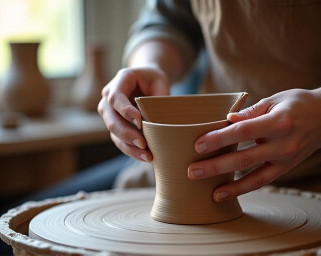 Artisan hands shaping clay on a wheel in a clean sunlight-filled studio