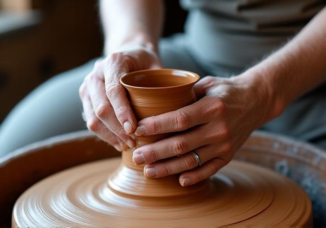 Artisan hands working with wet clay on a pottery wheel