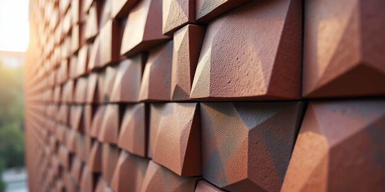 Close-up of innovative architectural ceramic facade with intricate geometric textures